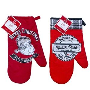 Holiday Time Merry Christmas Kitchen Oven Mitts Red Black Santa Claus, Set of 2